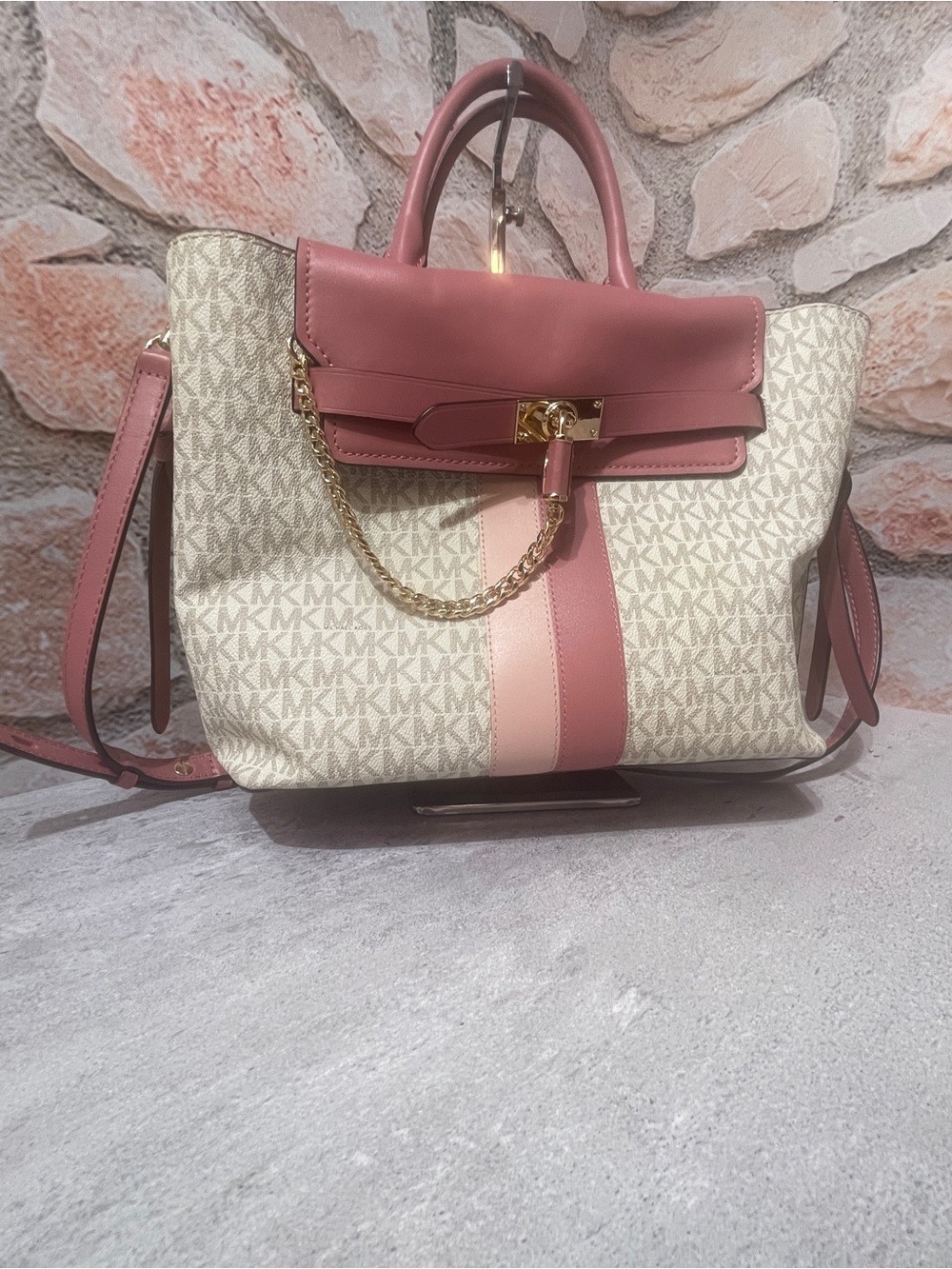 Michael Kors Rose Pink Center Stripe Legacy Hamilton Satchel & Matching Wallet - Picture 3 of 14